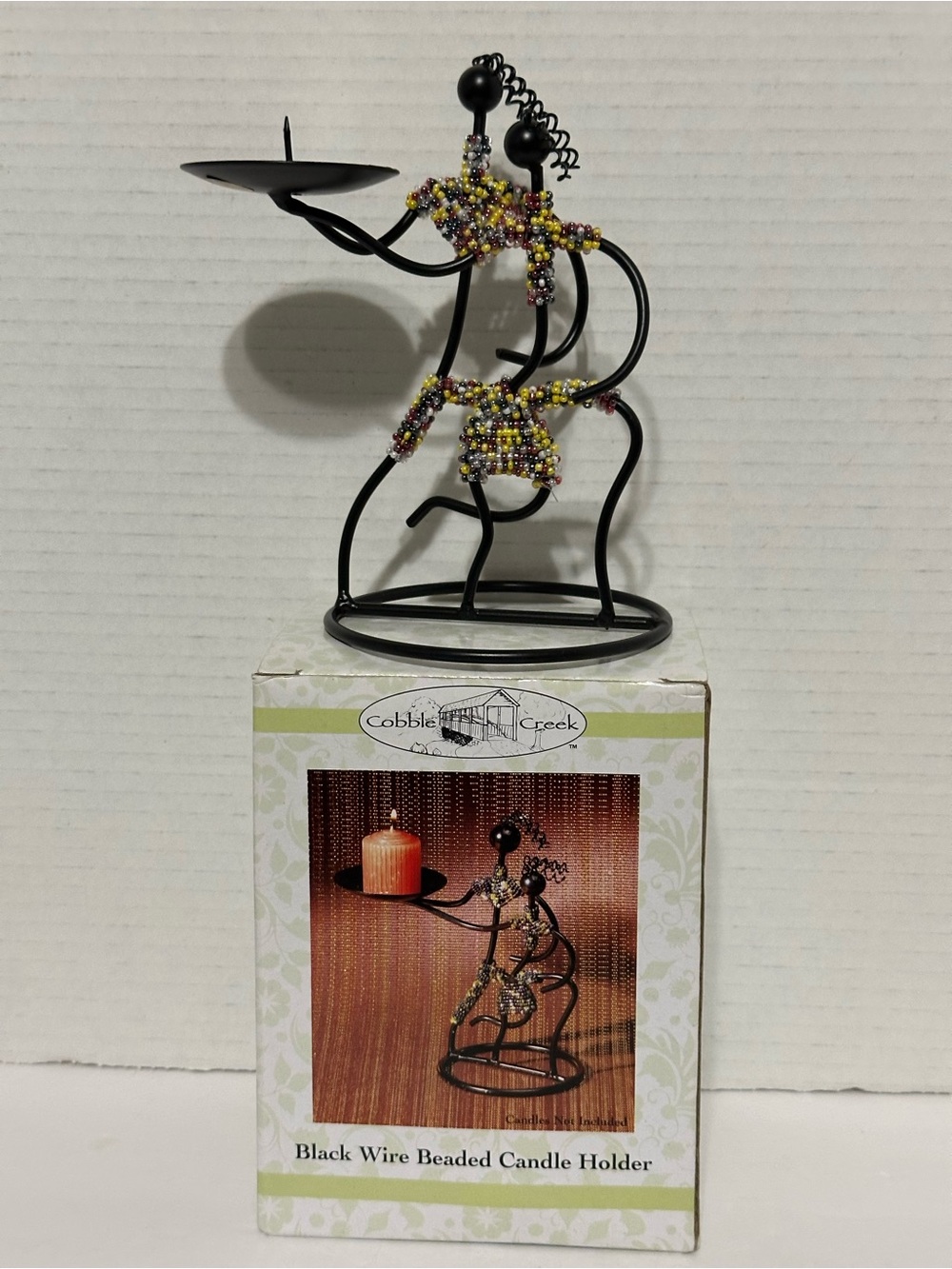 Black Metal Wire Beaded Candle Holder Sculpture by Cobble Creek